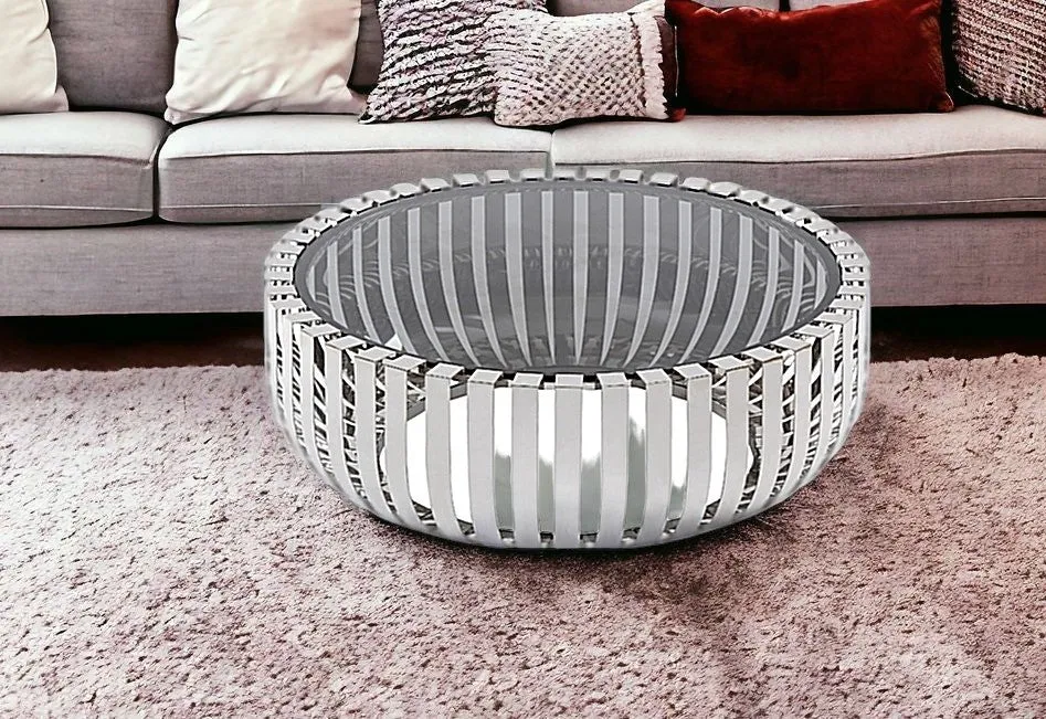 14" Glass And Stainless Steel Round Coffee Table