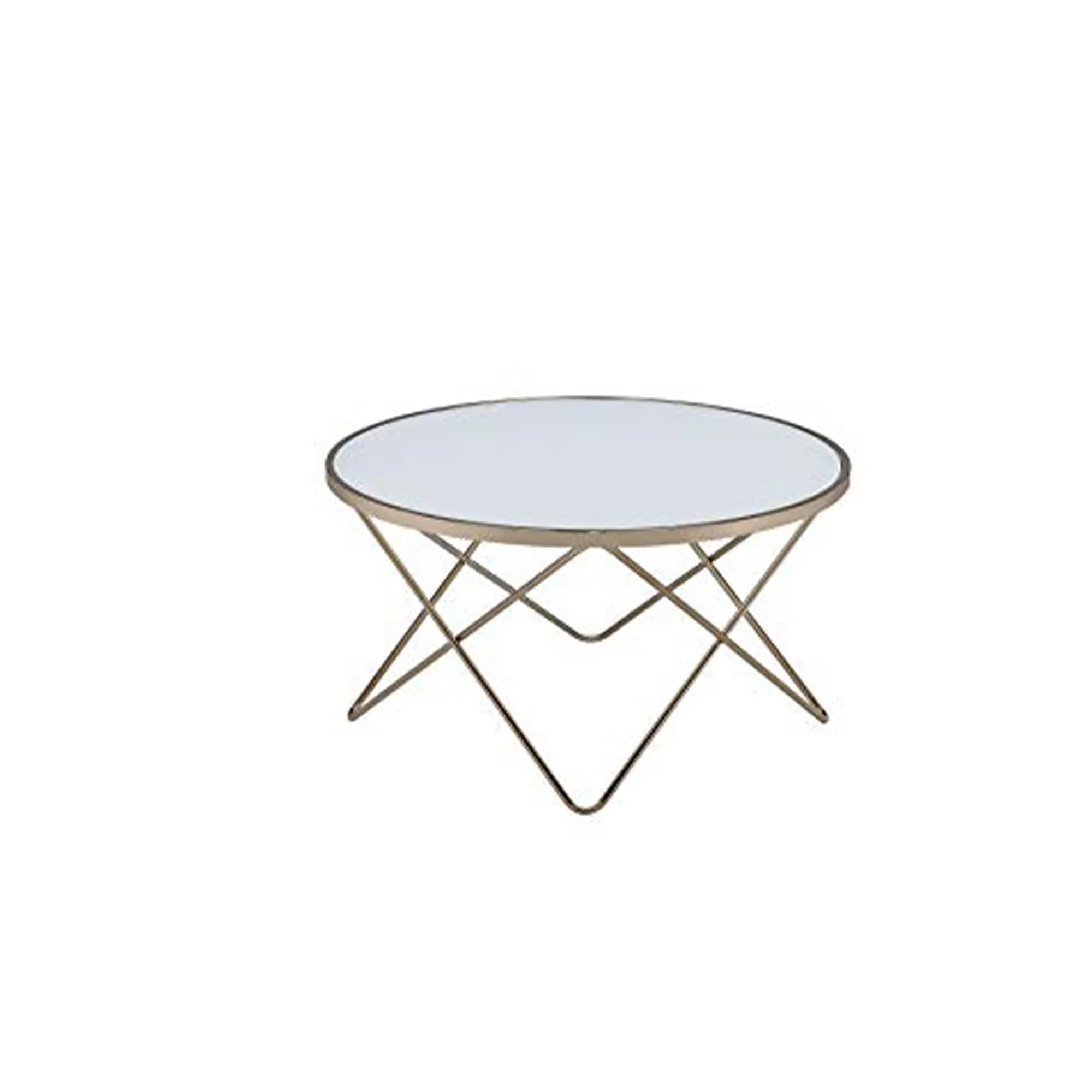 19" Round Glass Top Coffee Table With V Legs, White And Gold By Benzara