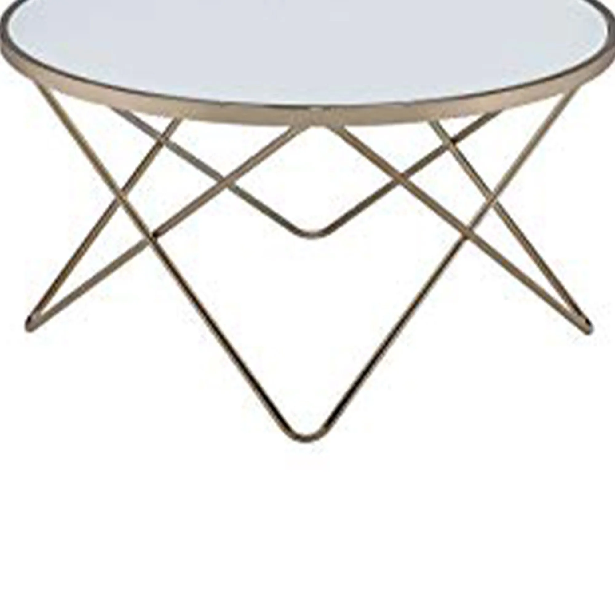 19" Round Glass Top Coffee Table With V Legs, White And Gold By Benzara