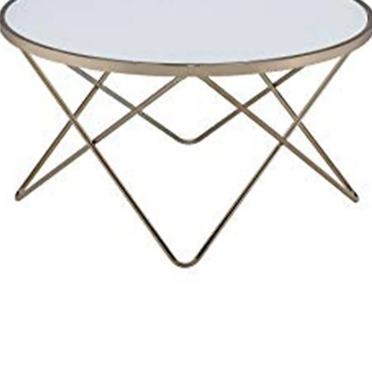 19" Round Glass Top Coffee Table With V Legs, White And Gold By Benzara