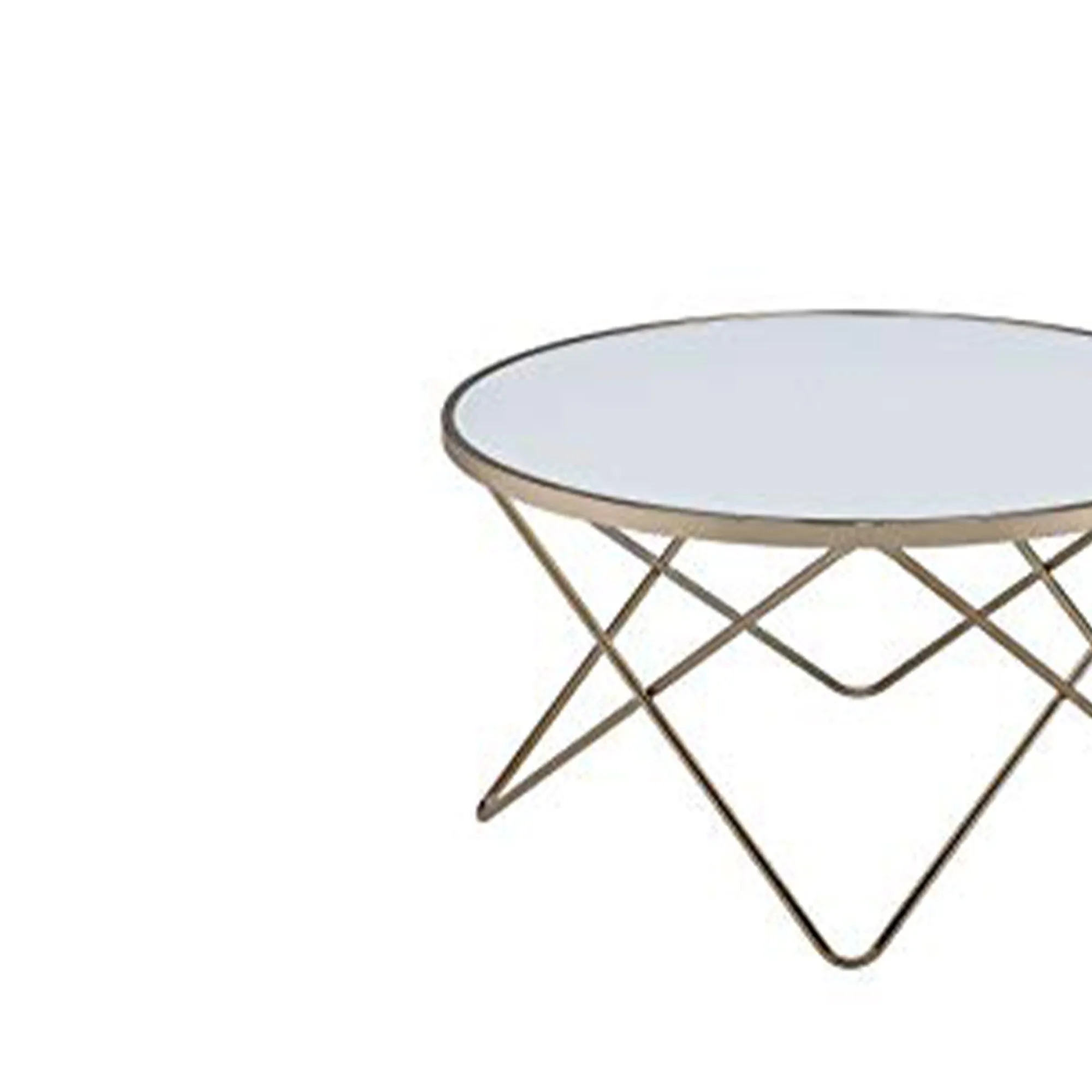 19" Round Glass Top Coffee Table With V Legs, White And Gold By Benzara