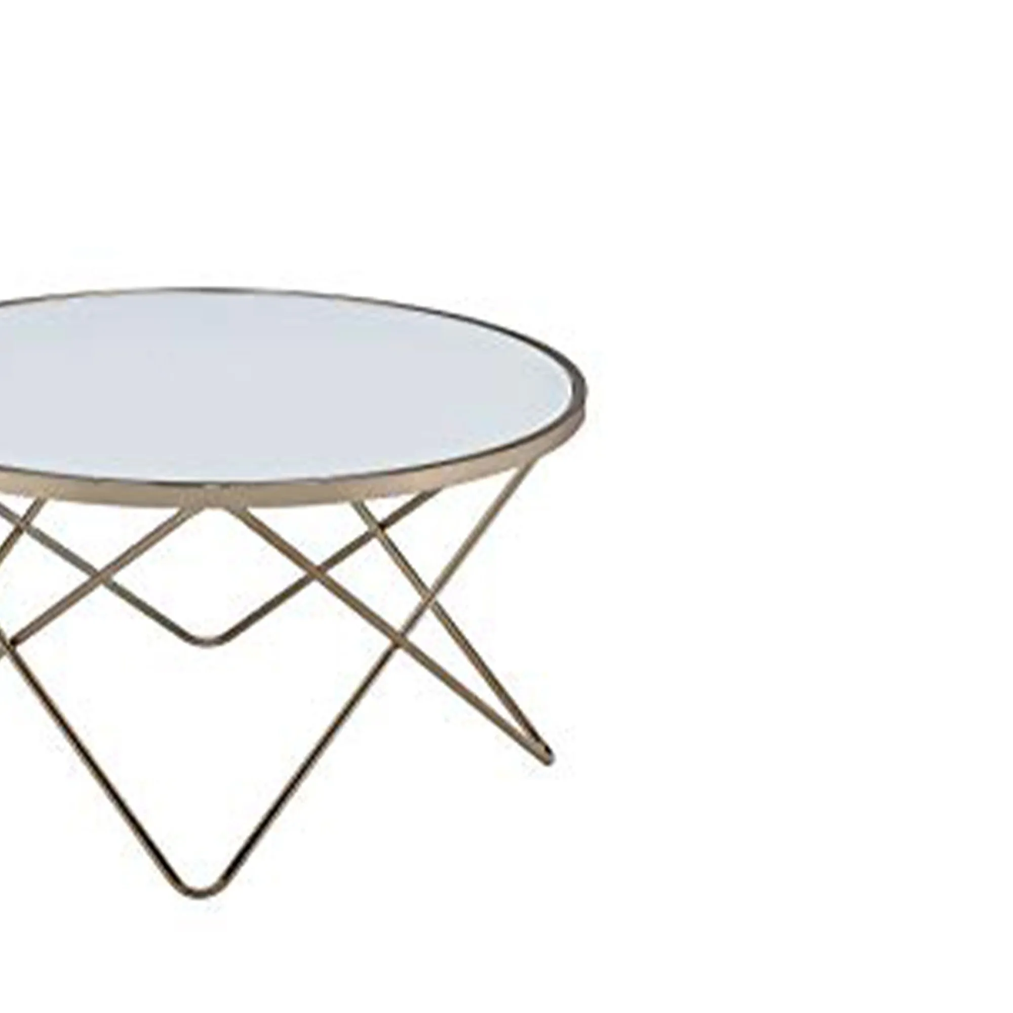 19" Round Glass Top Coffee Table With V Legs, White And Gold By Benzara