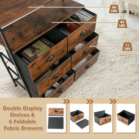 2-Tier Storage Chest with Wooden Top and 6 Fabric Drawers-Rustic Brown