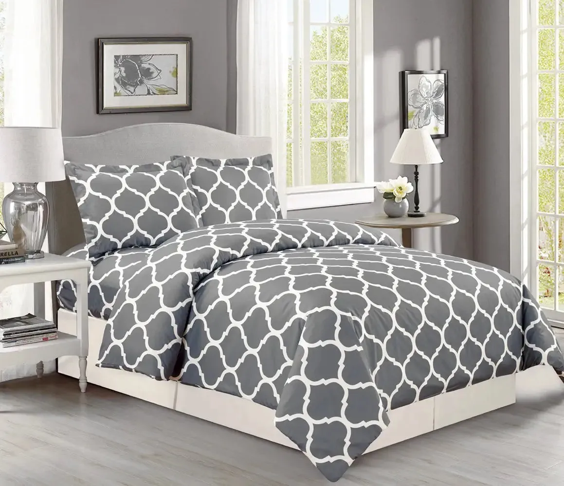 3 Piece Double Brushed Microfiber Geo Quatrefoil Trellis Lattice Duvet Cover Set, 3Pc Luxury Soft