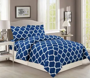 3 Piece Double Brushed Microfiber Geo Quatrefoil Trellis Lattice Duvet Cover Set, 3Pc Luxury Soft