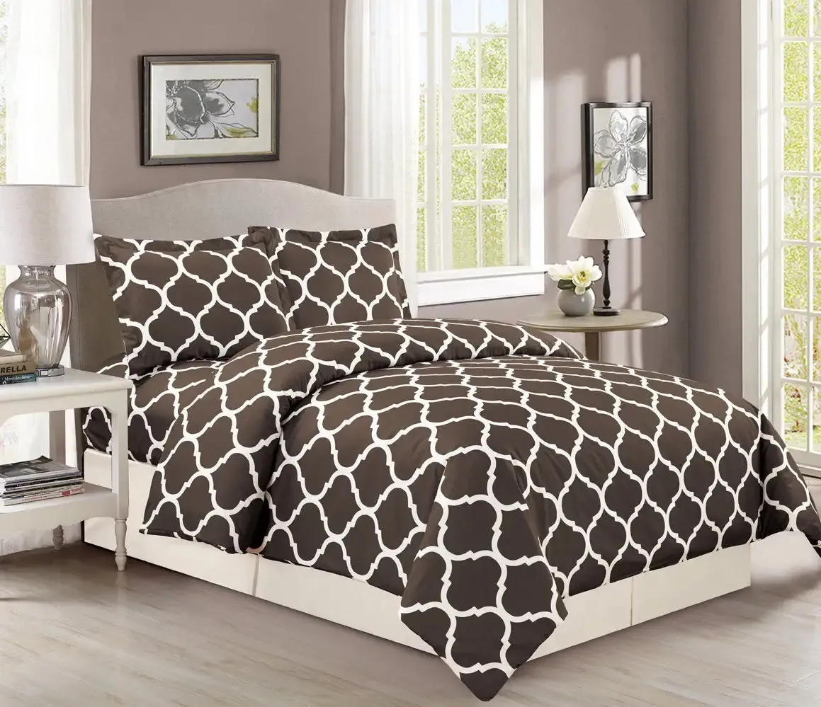 3 Piece Double Brushed Microfiber Geo Quatrefoil Trellis Lattice Duvet Cover Set, 3Pc Luxury Soft