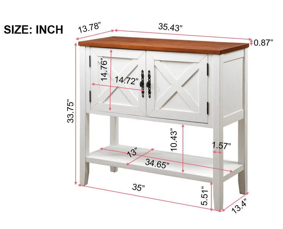 35'' Farmhouse Wood Console Table with Bottom Shelf and 2-Door Cabinet, Antique White