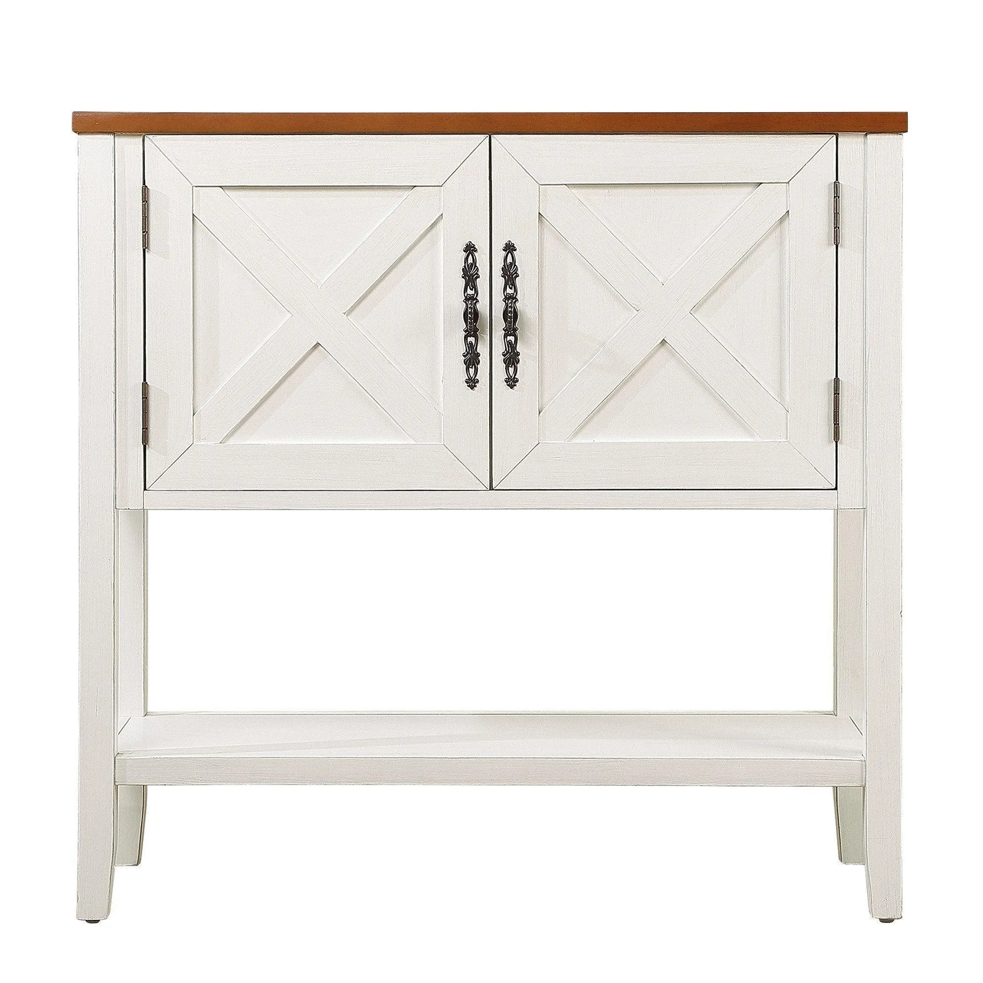 35'' Farmhouse Wood Console Table with Bottom Shelf and 2-Door Cabinet, Antique White