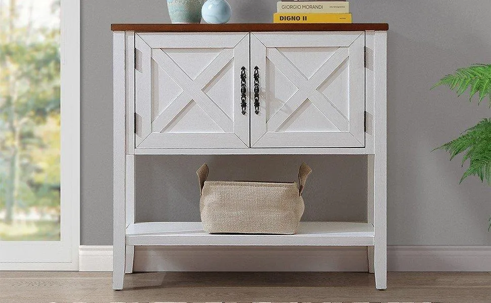 35'' Farmhouse Wood Console Table with Bottom Shelf and 2-Door Cabinet, Antique White