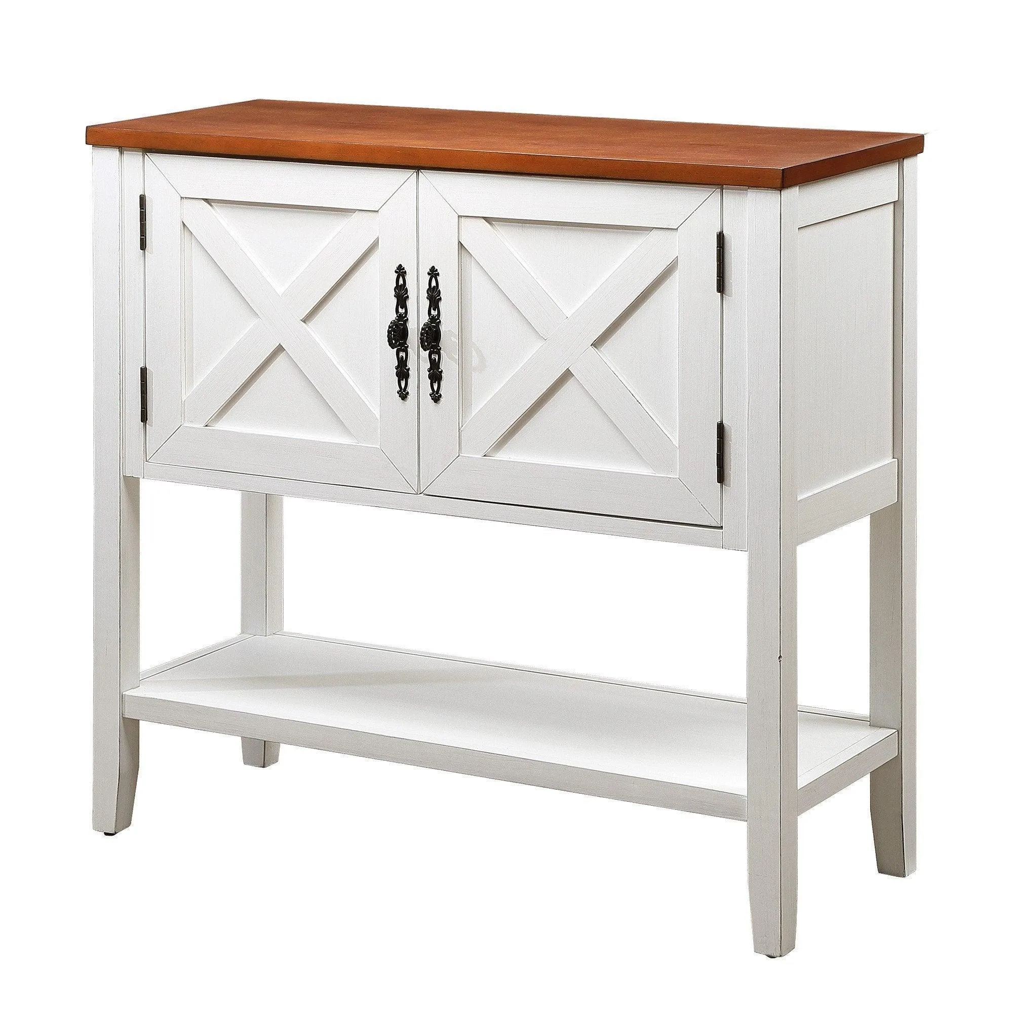 35'' Farmhouse Wood Console Table with Bottom Shelf and 2-Door Cabinet, Antique White