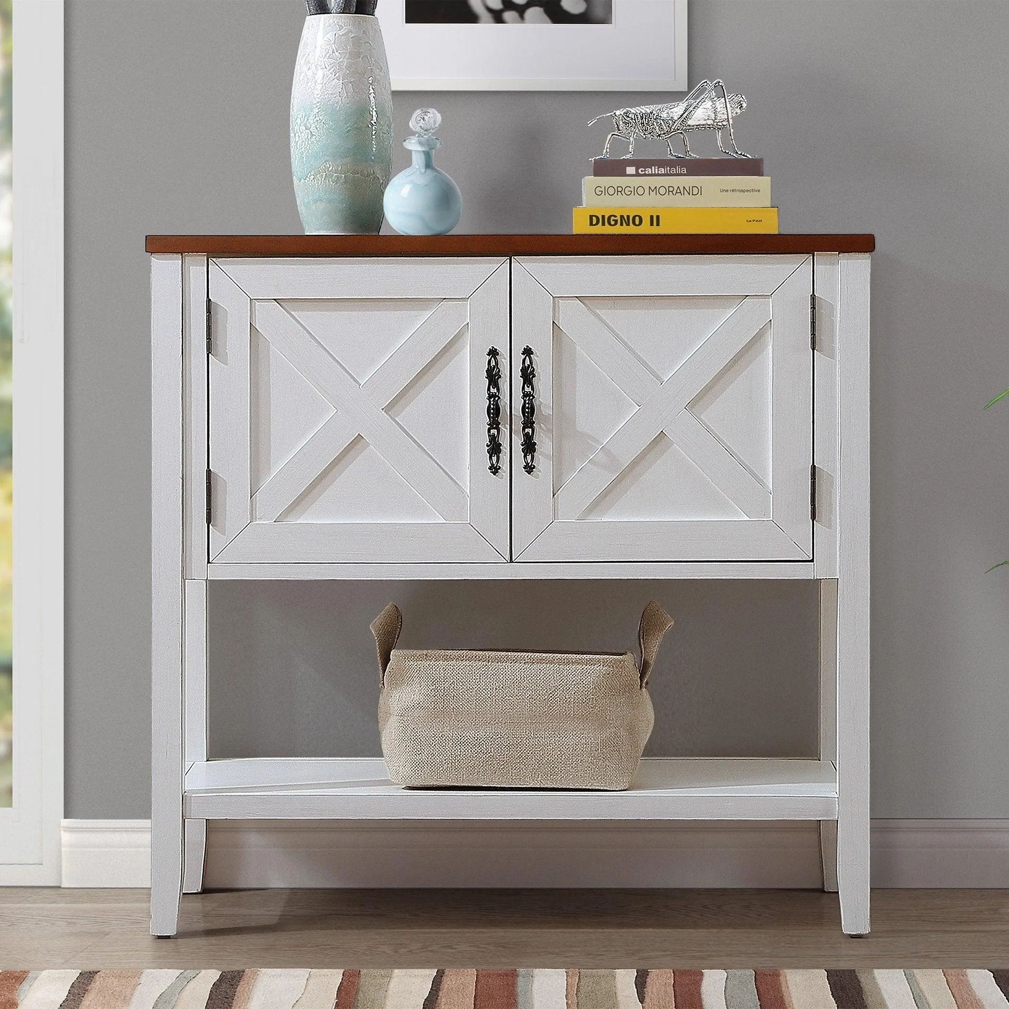 35'' Farmhouse Wood Console Table with Bottom Shelf and 2-Door Cabinet, Antique White