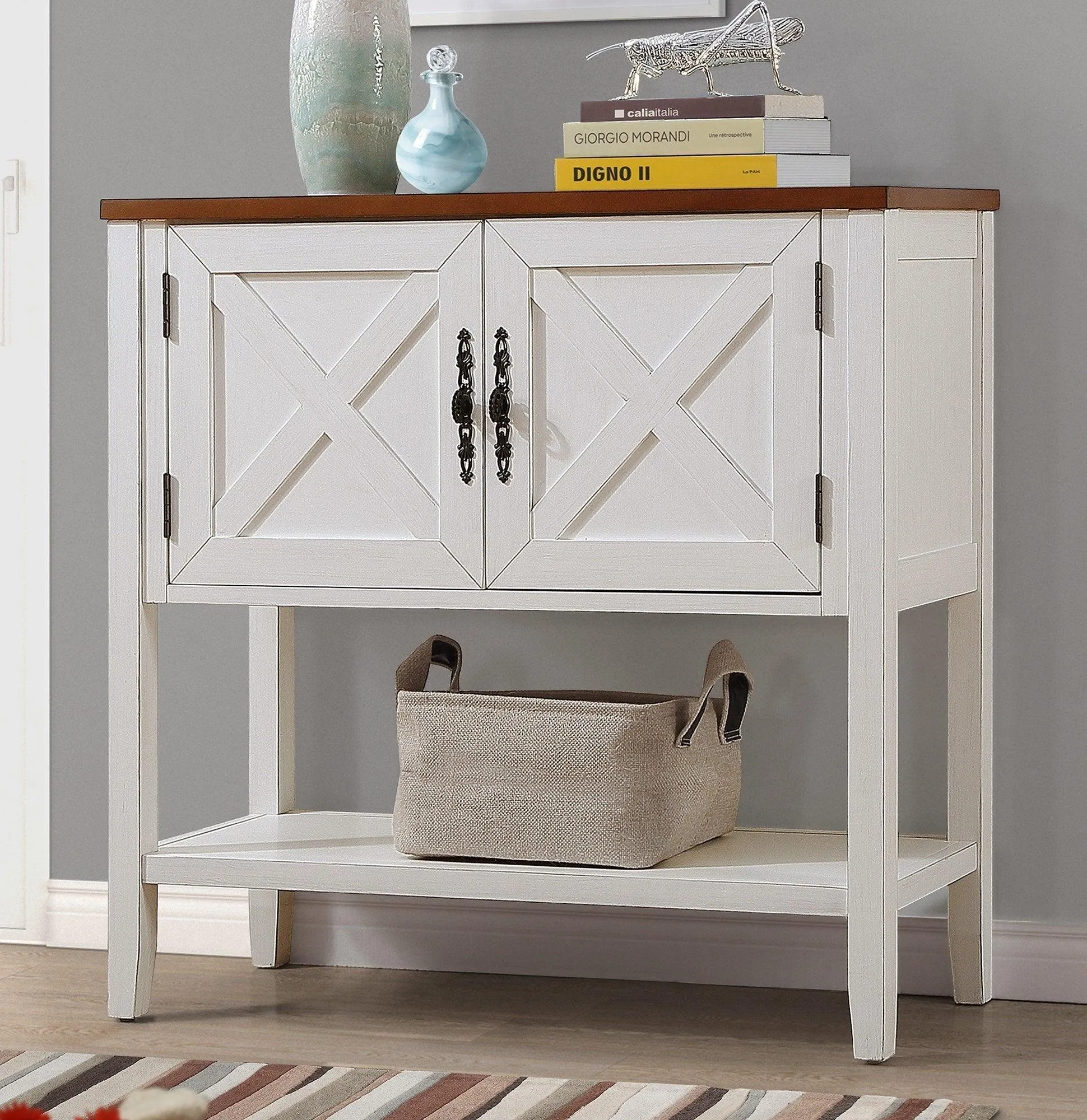 35'' Farmhouse Wood Console Table with Bottom Shelf and 2-Door Cabinet, Antique White