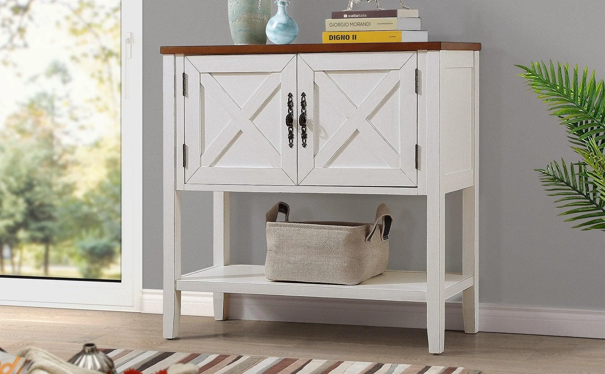 35'' Farmhouse Wood Console Table with Bottom Shelf and 2-Door Cabinet, Antique White