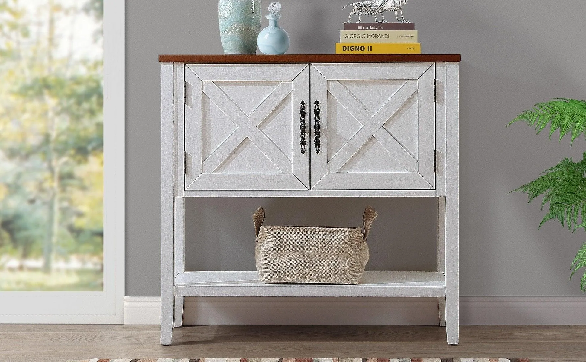 35'' Farmhouse Wood Console Table with Bottom Shelf and 2-Door Cabinet, Antique White