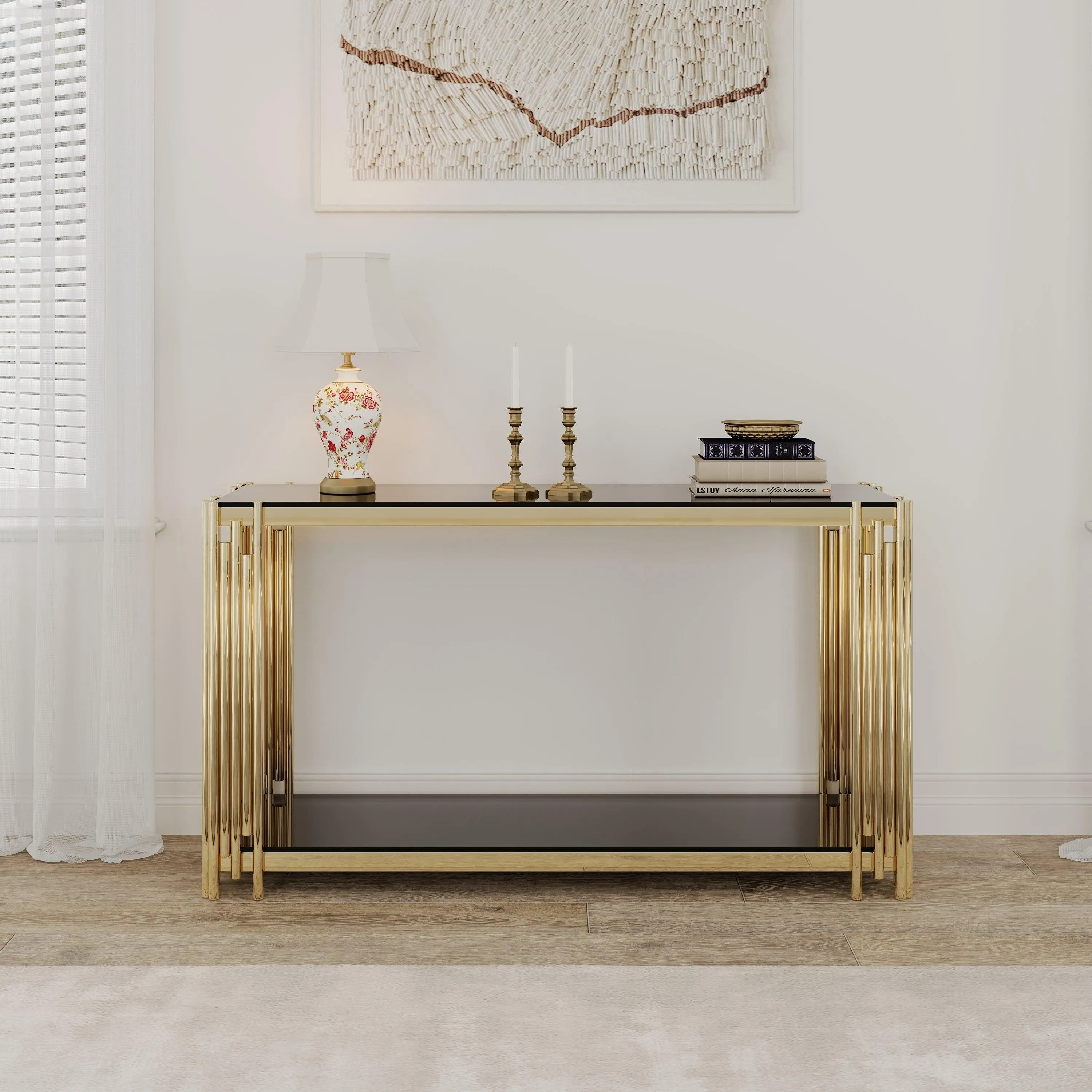 55" Modern Glass Console Table, Gold Frame with Black Tempered Glass Top