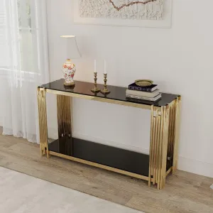 55" Modern Glass Console Table, Gold Frame with Black Tempered Glass Top