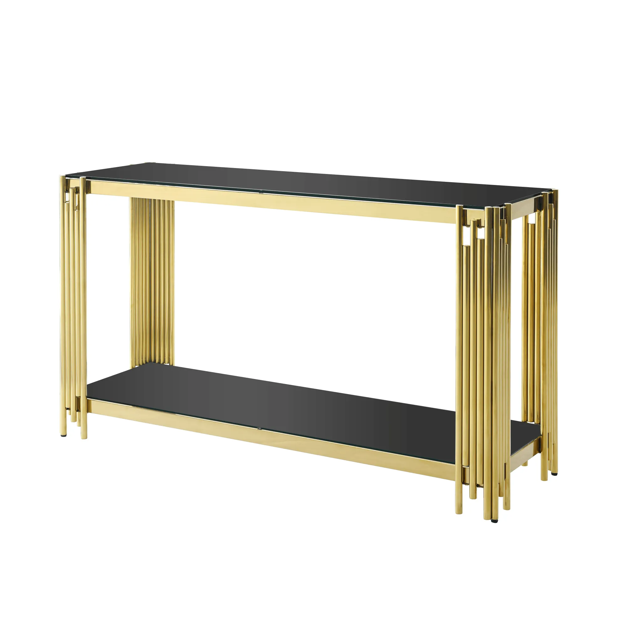 55" Modern Glass Console Table, Gold Frame with Black Tempered Glass Top