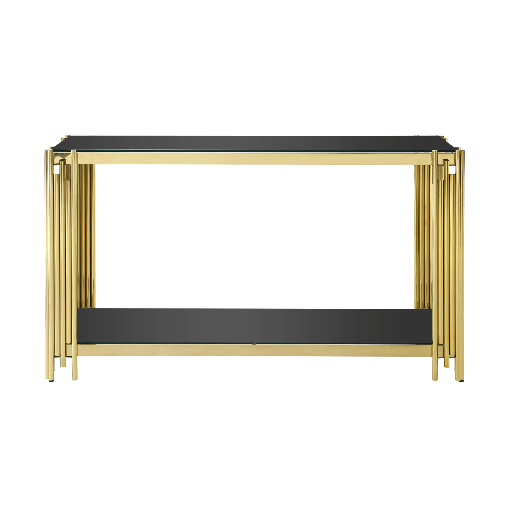 55" Modern Glass Console Table, Gold Frame with Black Tempered Glass Top