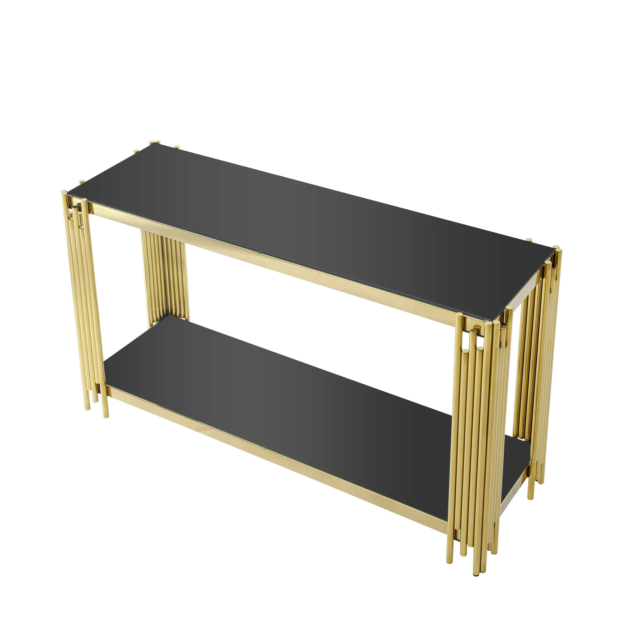 55" Modern Glass Console Table, Gold Frame with Black Tempered Glass Top