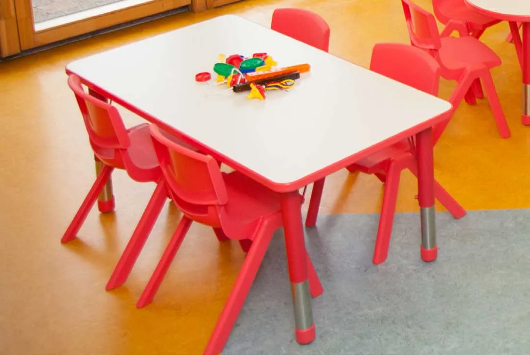 Adjustable Rectangle Polyethylene Table with White Top and 4 30cm Kite chairs Toddler Chairs (30cm)