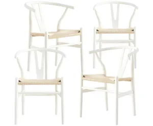 Anemone Set of 4 Wishbone Dining Chair Beech Timber Replica Hans Wenger - White