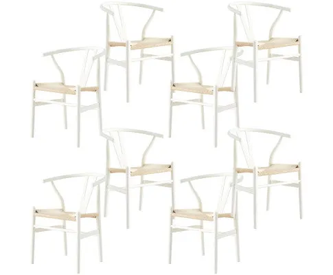 Anemone Set of 8 Wishbone Dining Chair Beech Timber Replica Hans Wenger - White