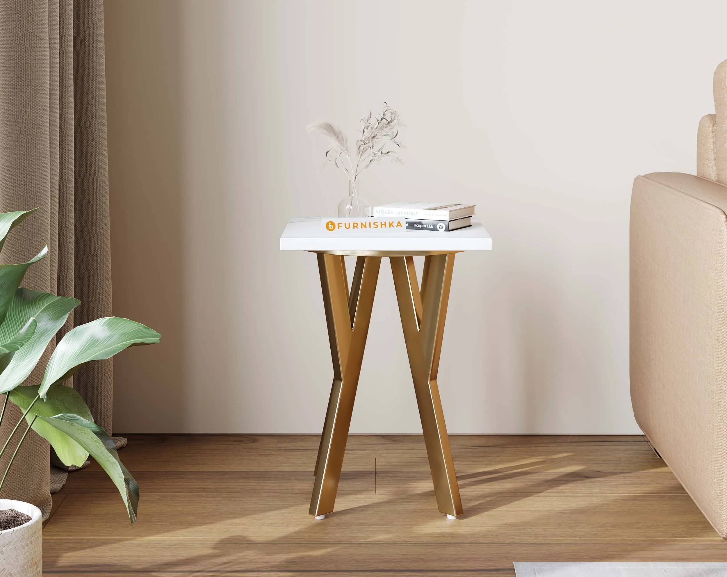 Aurum Marble Top Side Table In Gold Finish