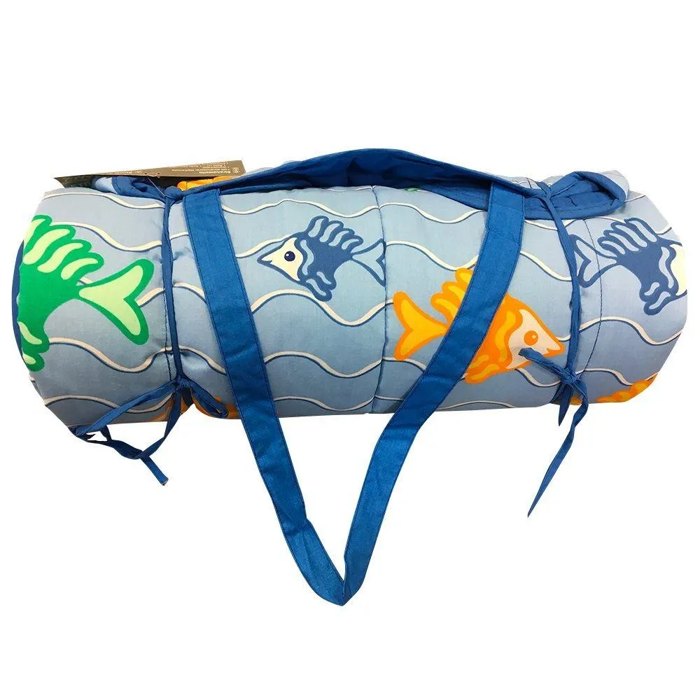 Beach Mat With Pillow - Rolls up Beach Mat with Carry Strap and Pillow 32x72 inch (Blue Fish)