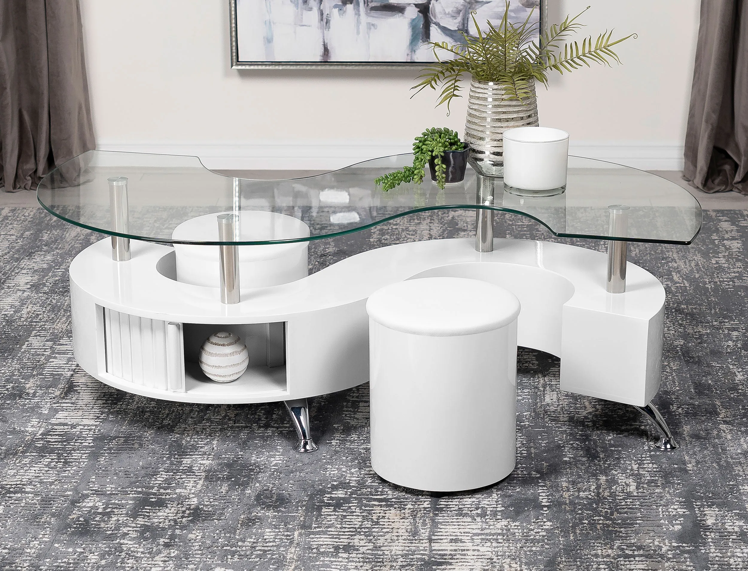 Buckley Glass Top Coffee Table with White Gloss Stools