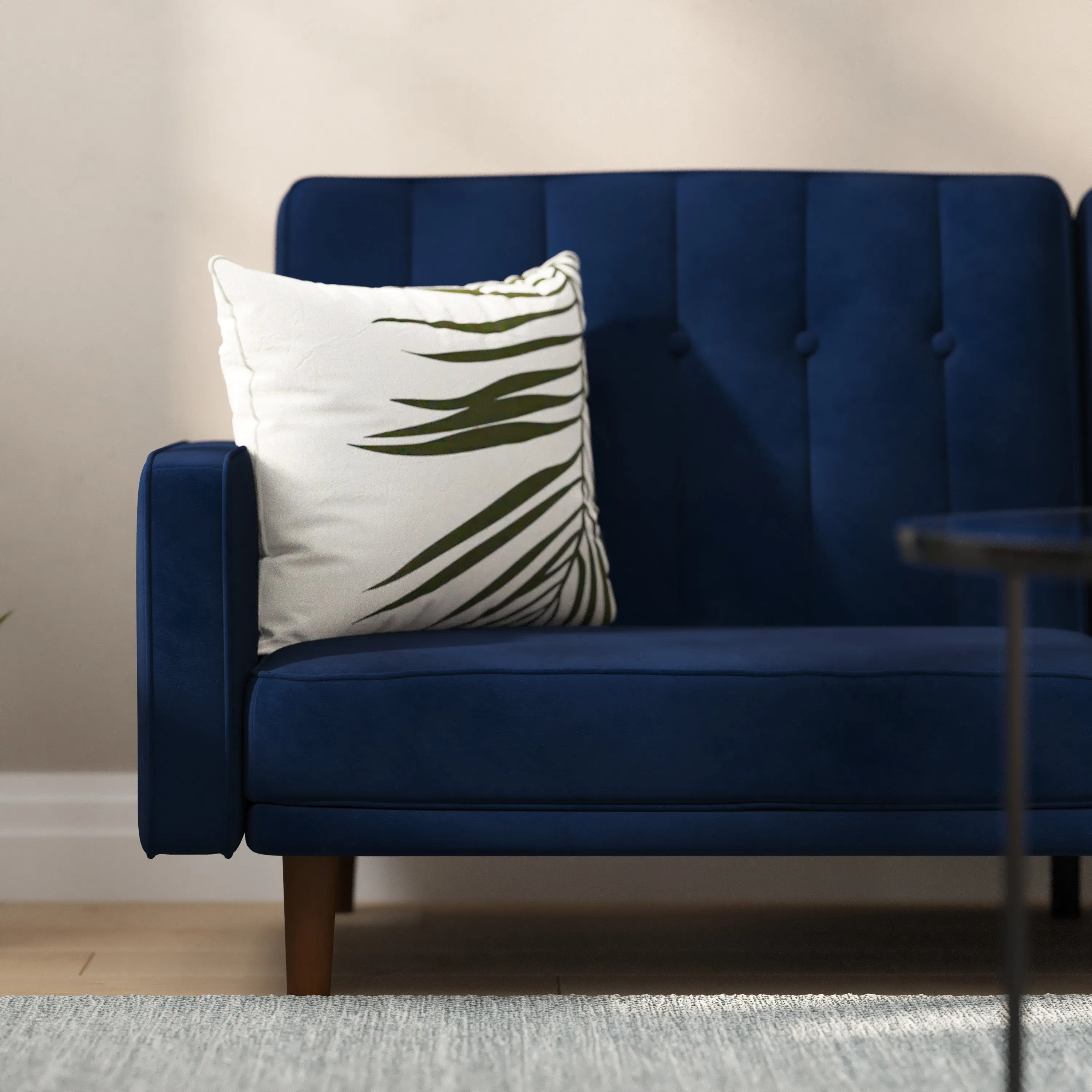 Citadel Premium Split Back Sofa Futon with Channel Tufted Velvet Upholstery in Navy with Solid Wood Legs