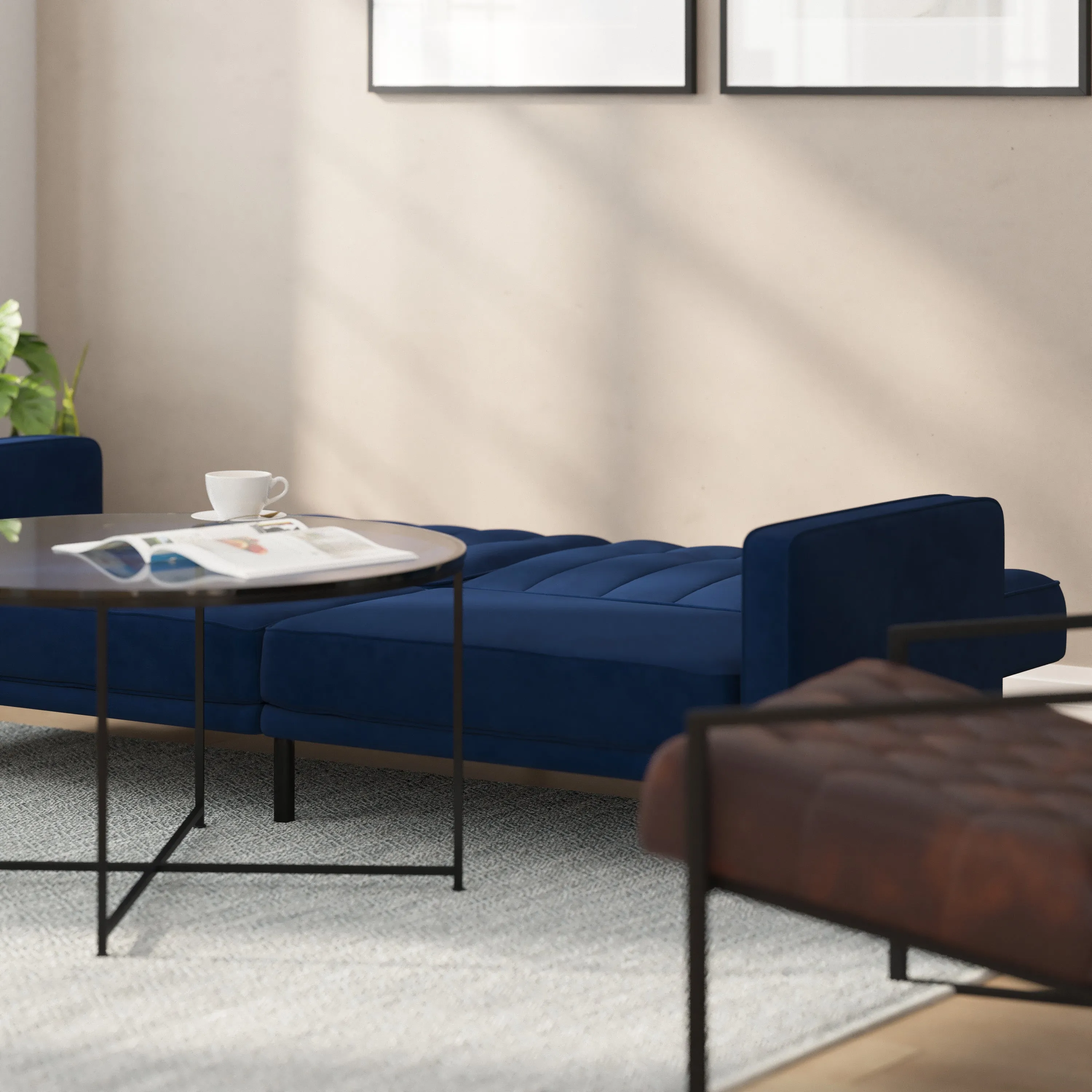 Citadel Premium Split Back Sofa Futon with Channel Tufted Velvet Upholstery in Navy with Solid Wood Legs