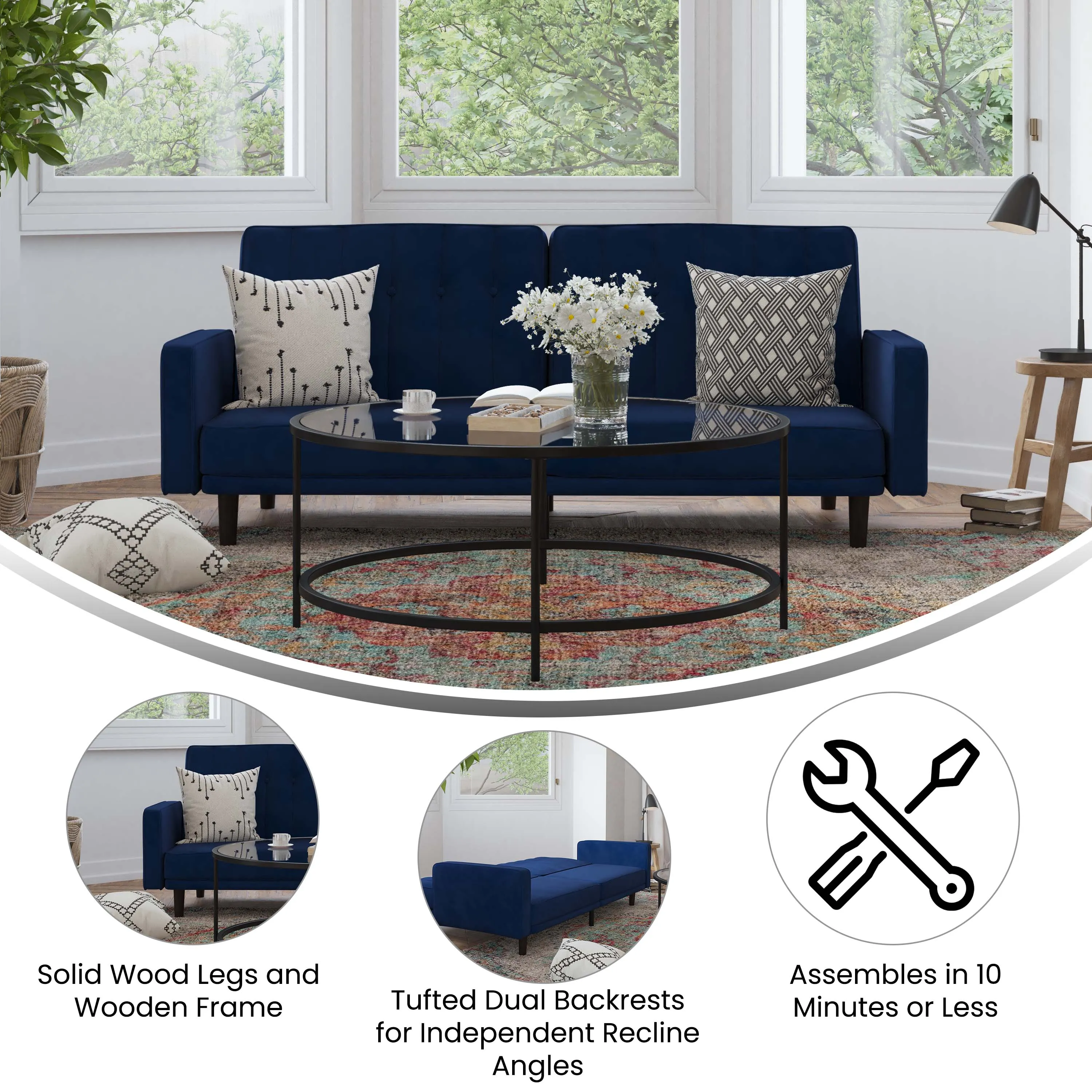 Citadel Premium Split Back Sofa Futon with Channel Tufted Velvet Upholstery in Navy with Solid Wood Legs