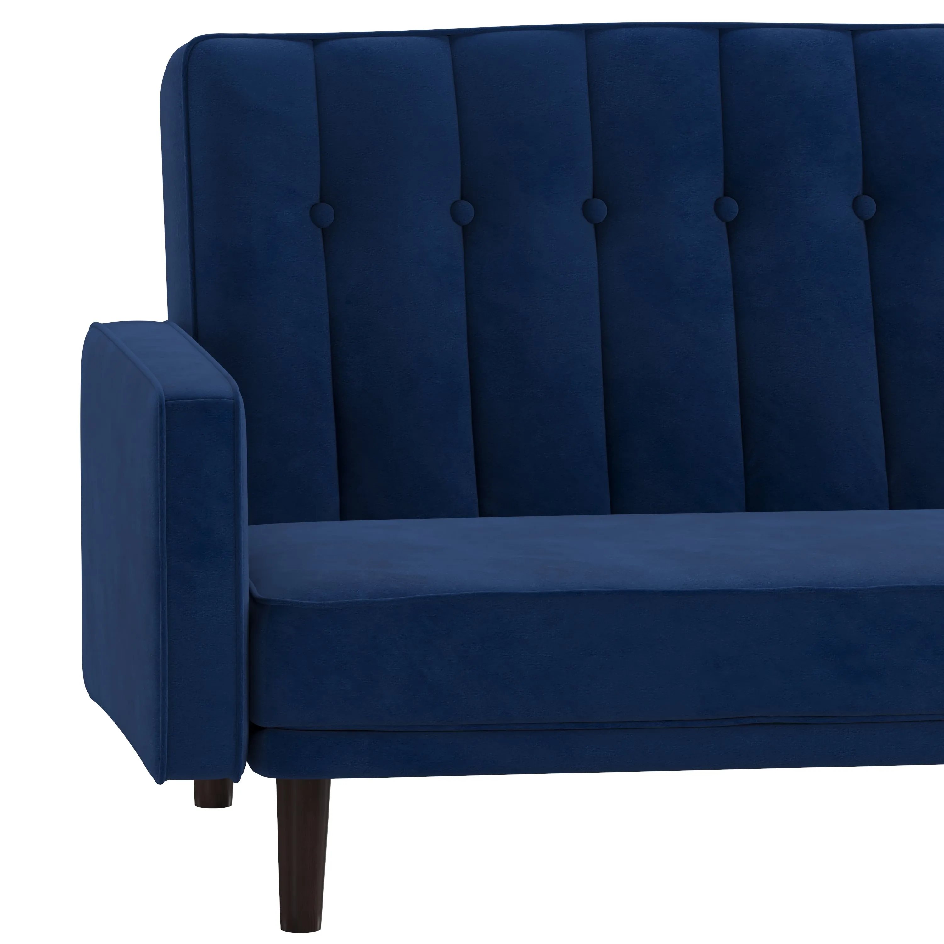 Citadel Premium Split Back Sofa Futon with Channel Tufted Velvet Upholstery in Navy with Solid Wood Legs