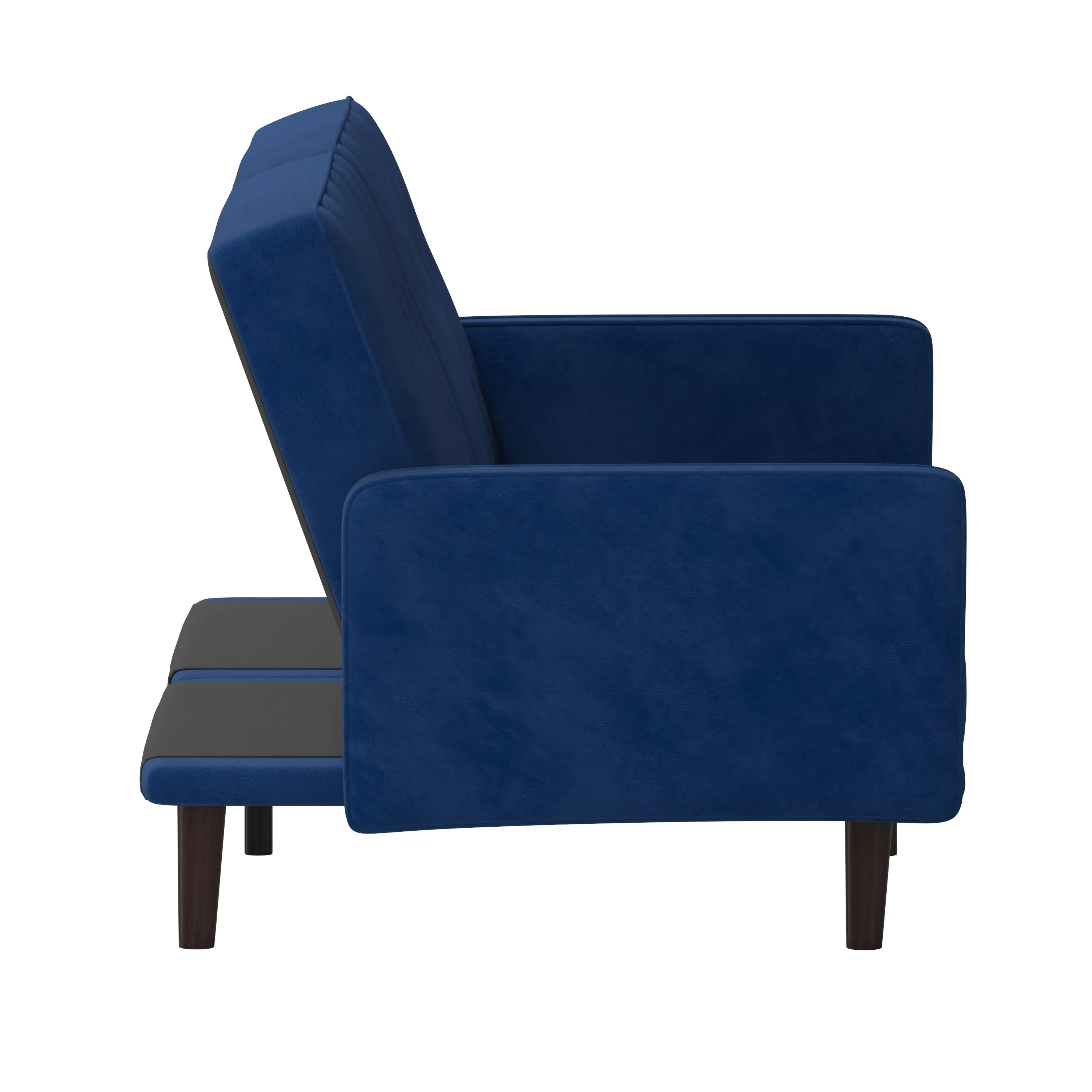 Citadel Premium Split Back Sofa Futon with Channel Tufted Velvet Upholstery in Navy with Solid Wood Legs