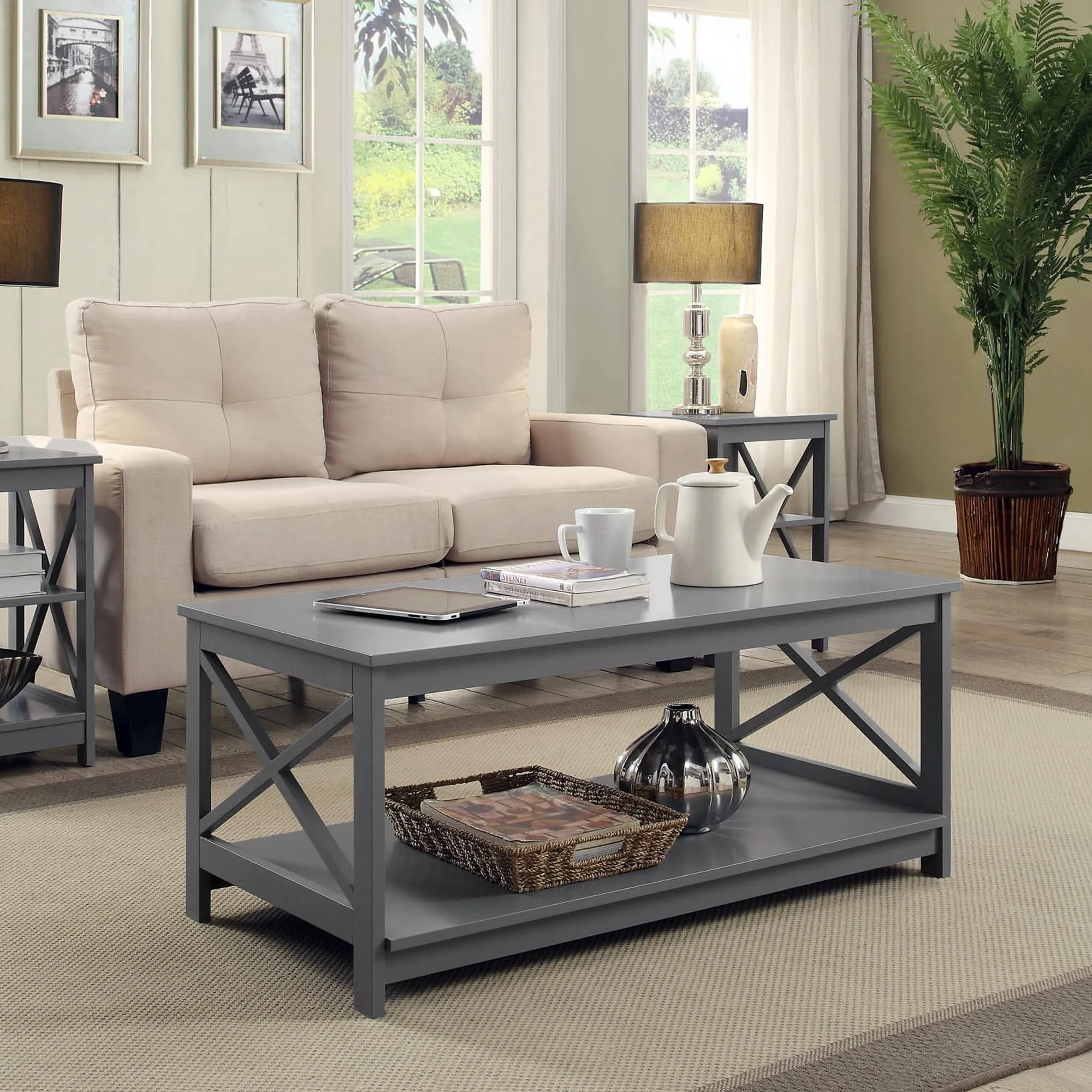 Convenience Concepts Oxford Coffee Table with Shelf, Gray