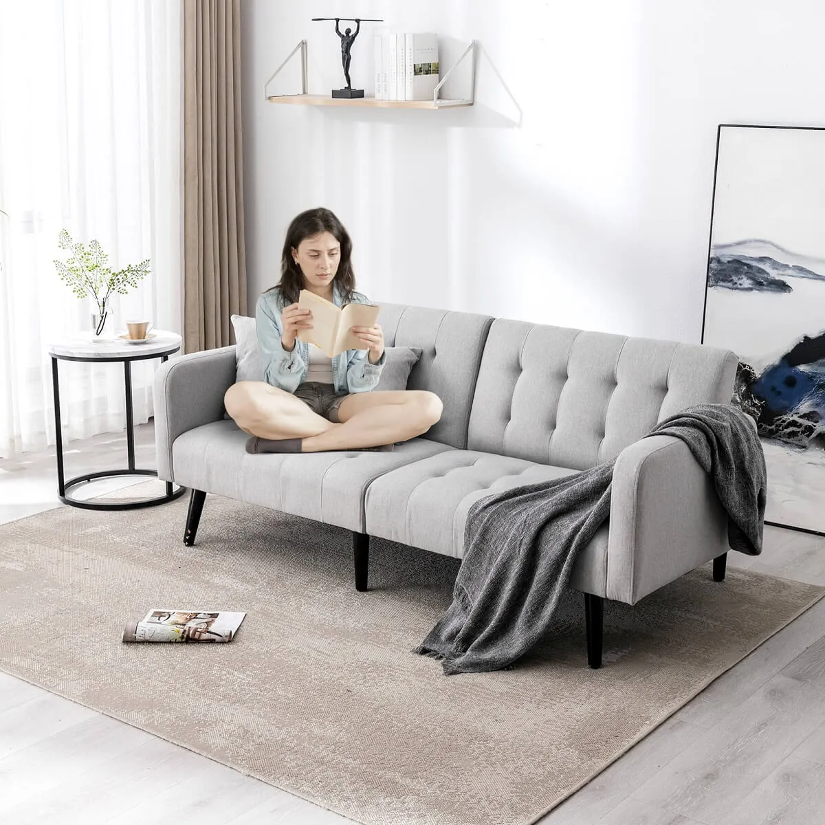 Convertible Foton Sectional Sleeper Sofa Bed Loveseat Couch Small Apartment Furniture Light Gray