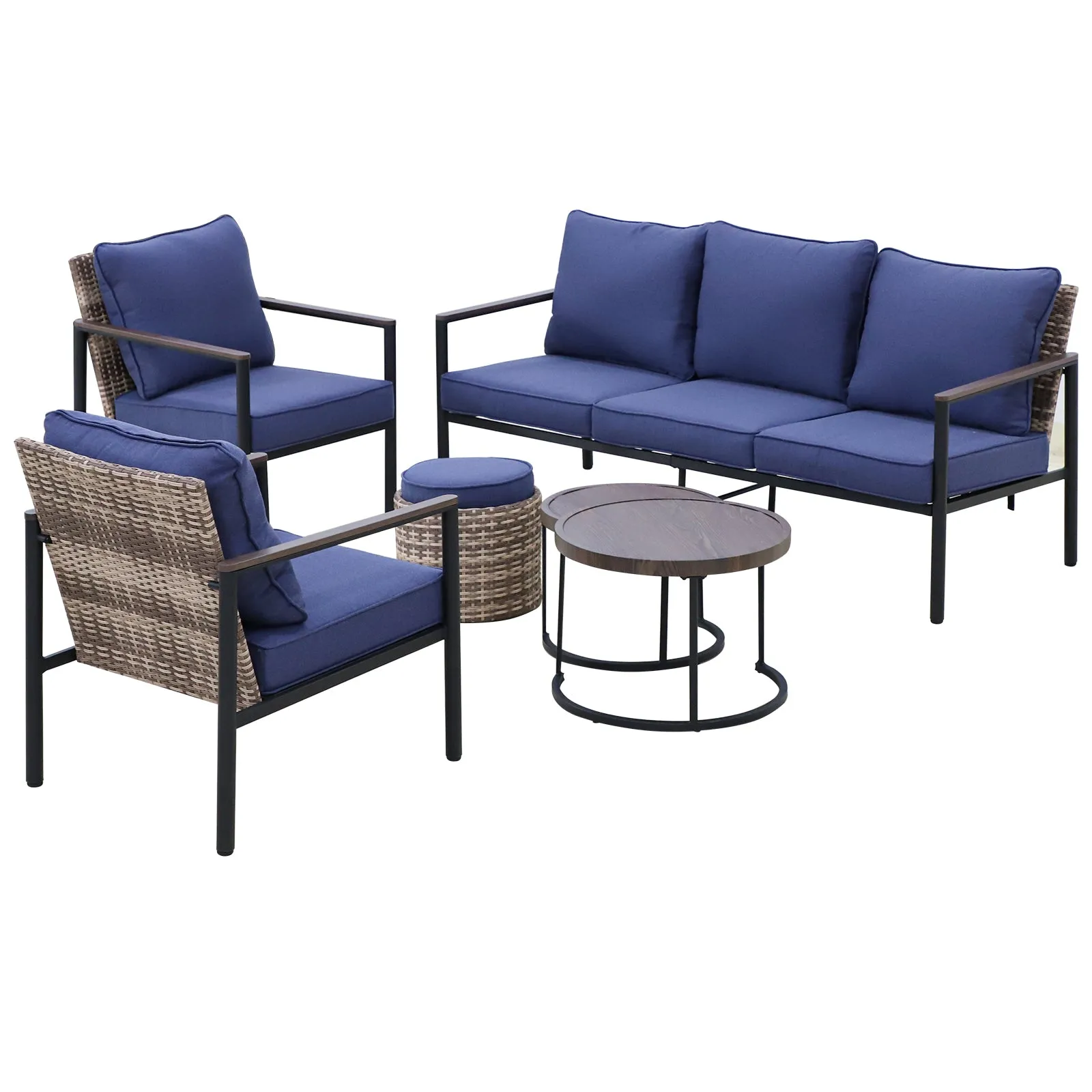 COOS BAY 6 Pieces Patio Furniture Set,  Includes Patio Chairs, 2 Seater Loveseat, Nesting Coffee Tables and Ottoman, Beige/Blue