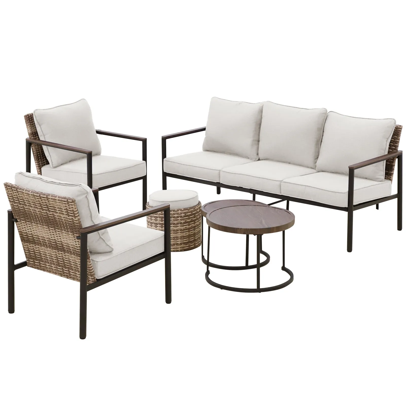 COOS BAY 6 Pieces Patio Furniture Set,  Includes Patio Chairs, 2 Seater Loveseat, Nesting Coffee Tables and Ottoman, Beige/Blue