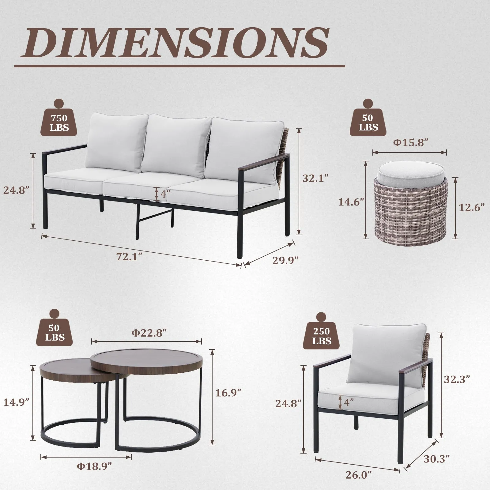 COOS BAY 6 Pieces Patio Furniture Set,  Includes Patio Chairs, 2 Seater Loveseat, Nesting Coffee Tables and Ottoman, Beige/Blue