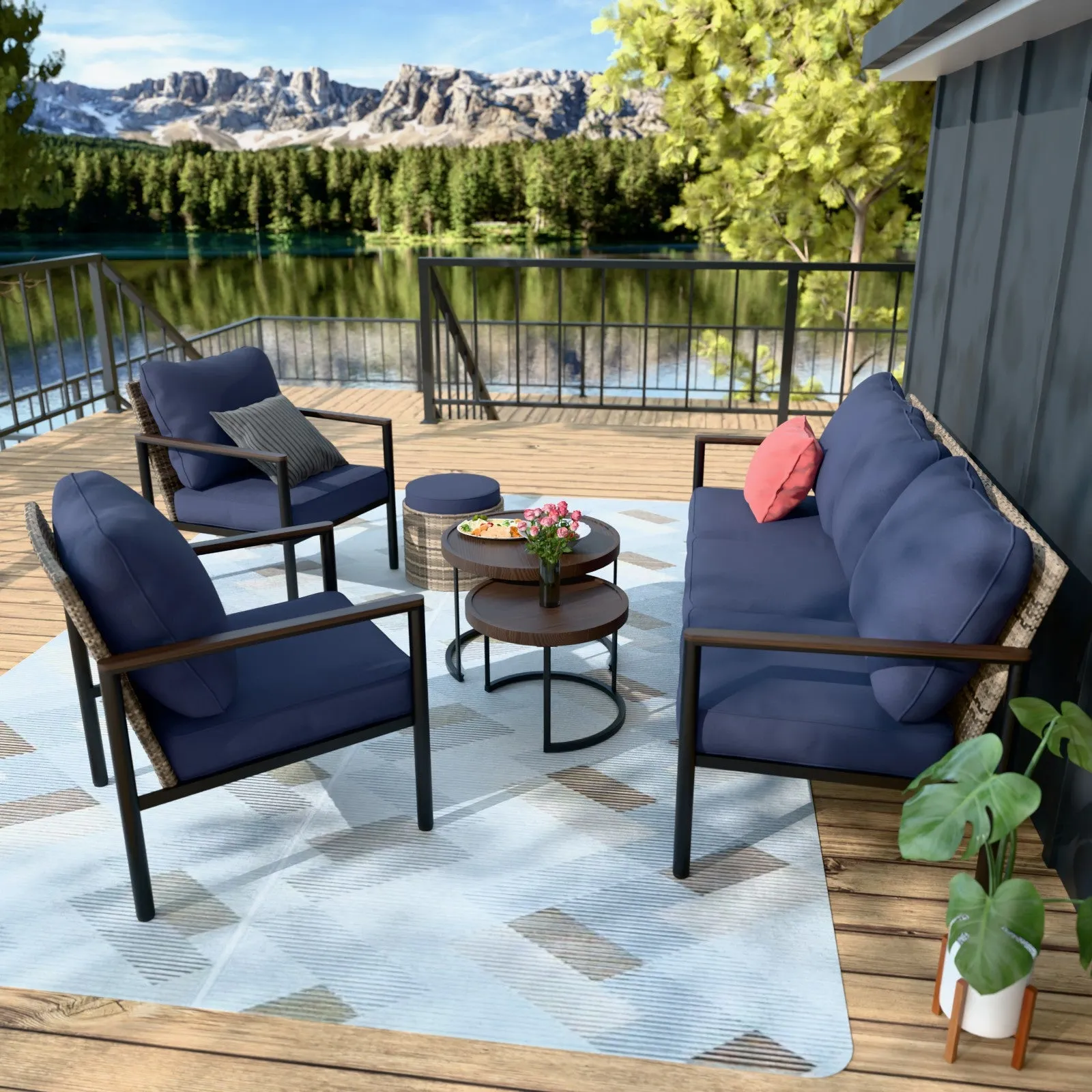 COOS BAY 6 Pieces Patio Furniture Set,  Includes Patio Chairs, 2 Seater Loveseat, Nesting Coffee Tables and Ottoman, Beige/Blue