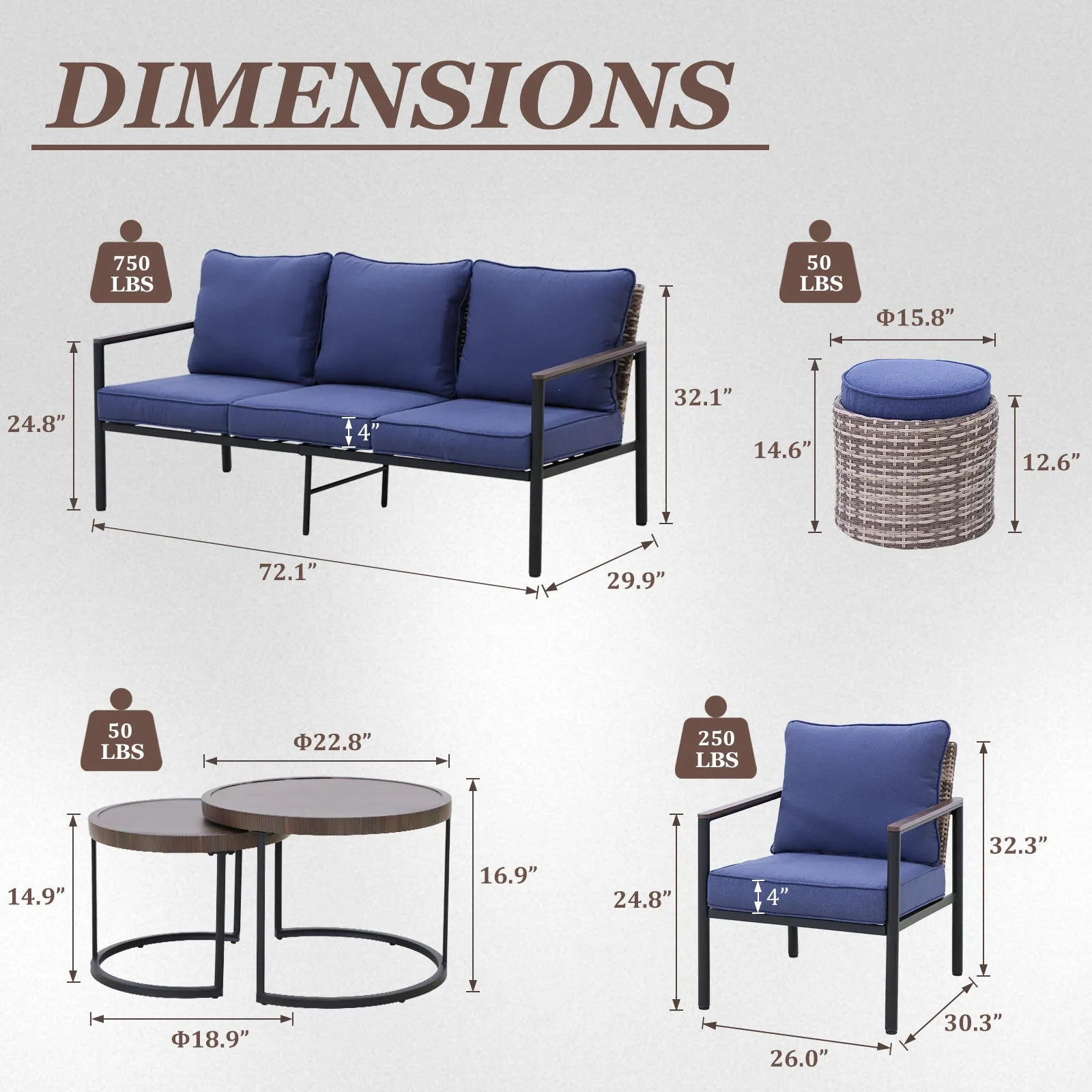 COOS BAY 6 Pieces Patio Furniture Set,  Includes Patio Chairs, 2 Seater Loveseat, Nesting Coffee Tables and Ottoman, Beige/Blue