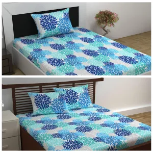 Divine Casa 144 TC 100% Cotton Set of 2 Combo Bedsheet of Single and Double Bed | Blue | Floral Print