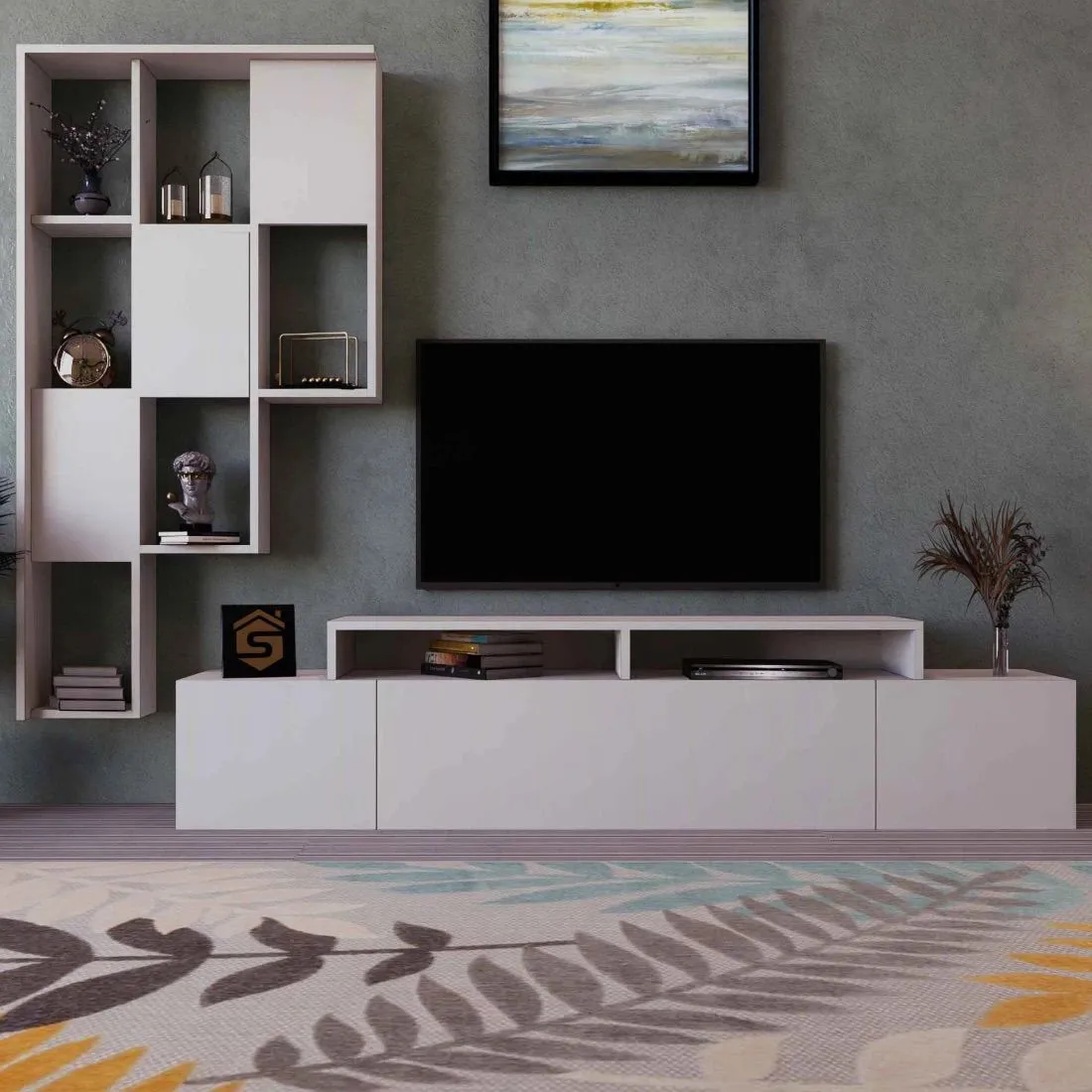 Elegant White Plasma TV Table with Shelves