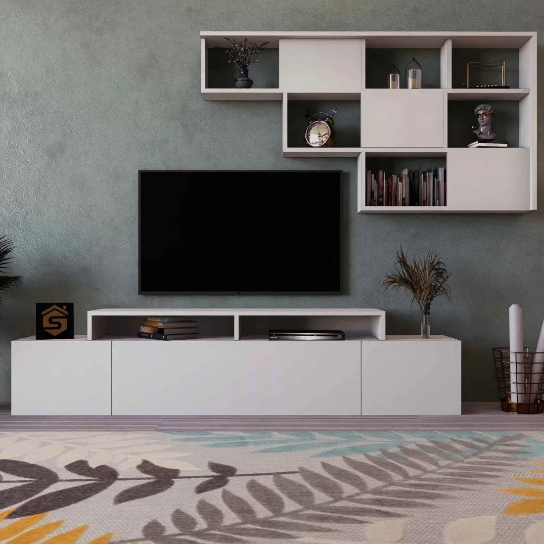 Elegant White Plasma TV Table with Shelves