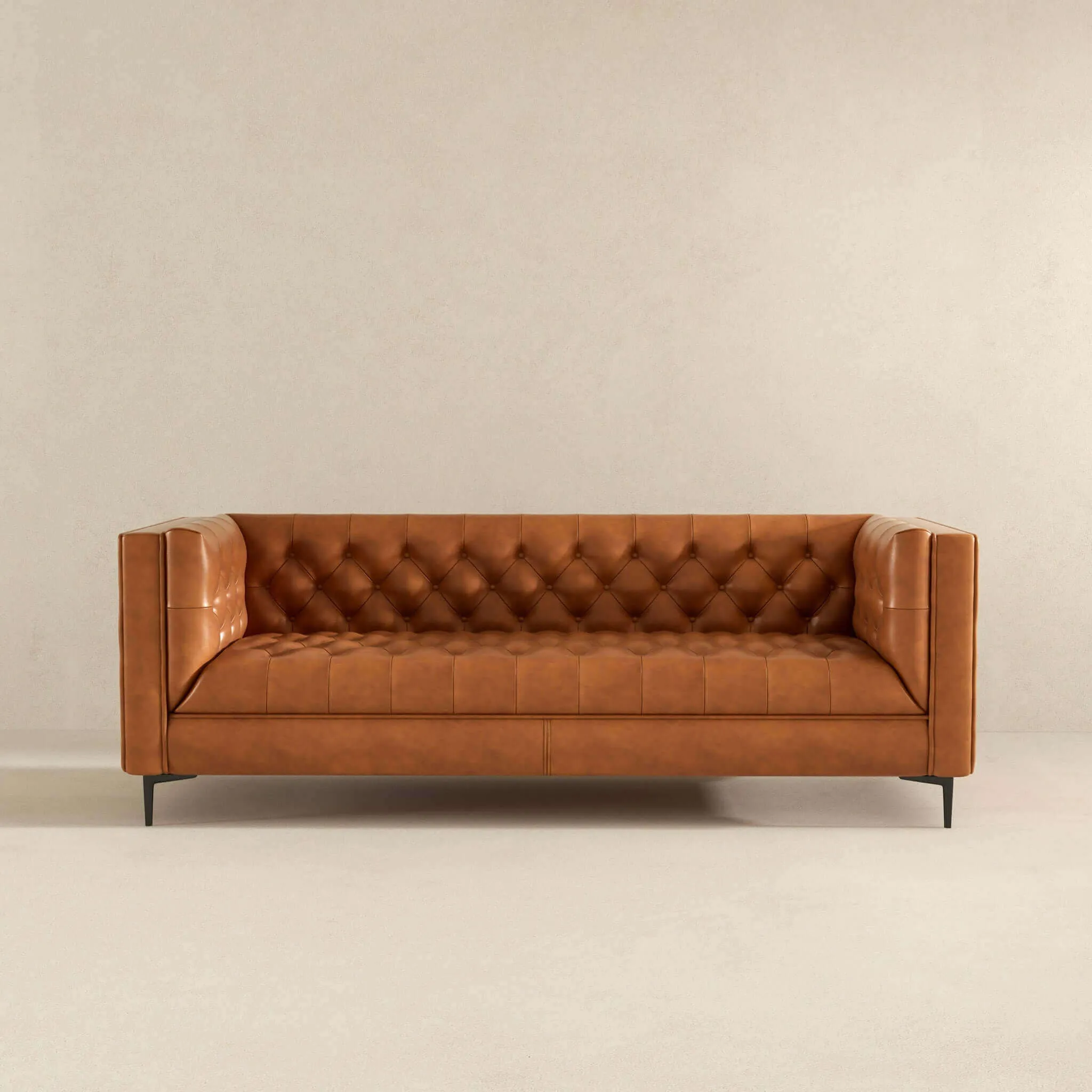 Evelyn Mid Century Modern Cognac Leather Luxury Chesterfield Sofa