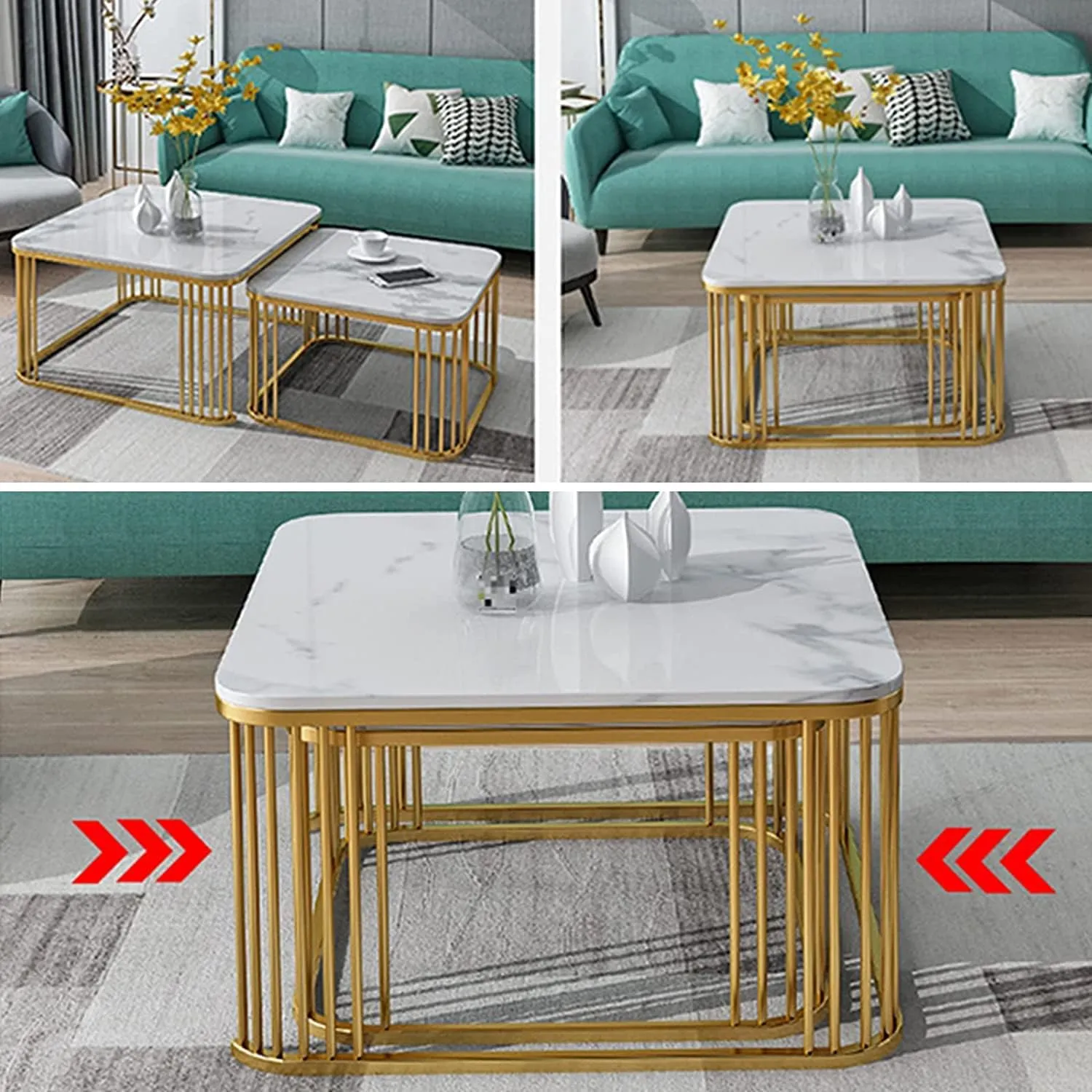 Expressow Square Tea Coffee Table Set, 2 Piece Stacking Marbled Center Table with Golden Iron Frame for Living room - Stylish End Tables for Bedroom or Apartments (Multicolor)