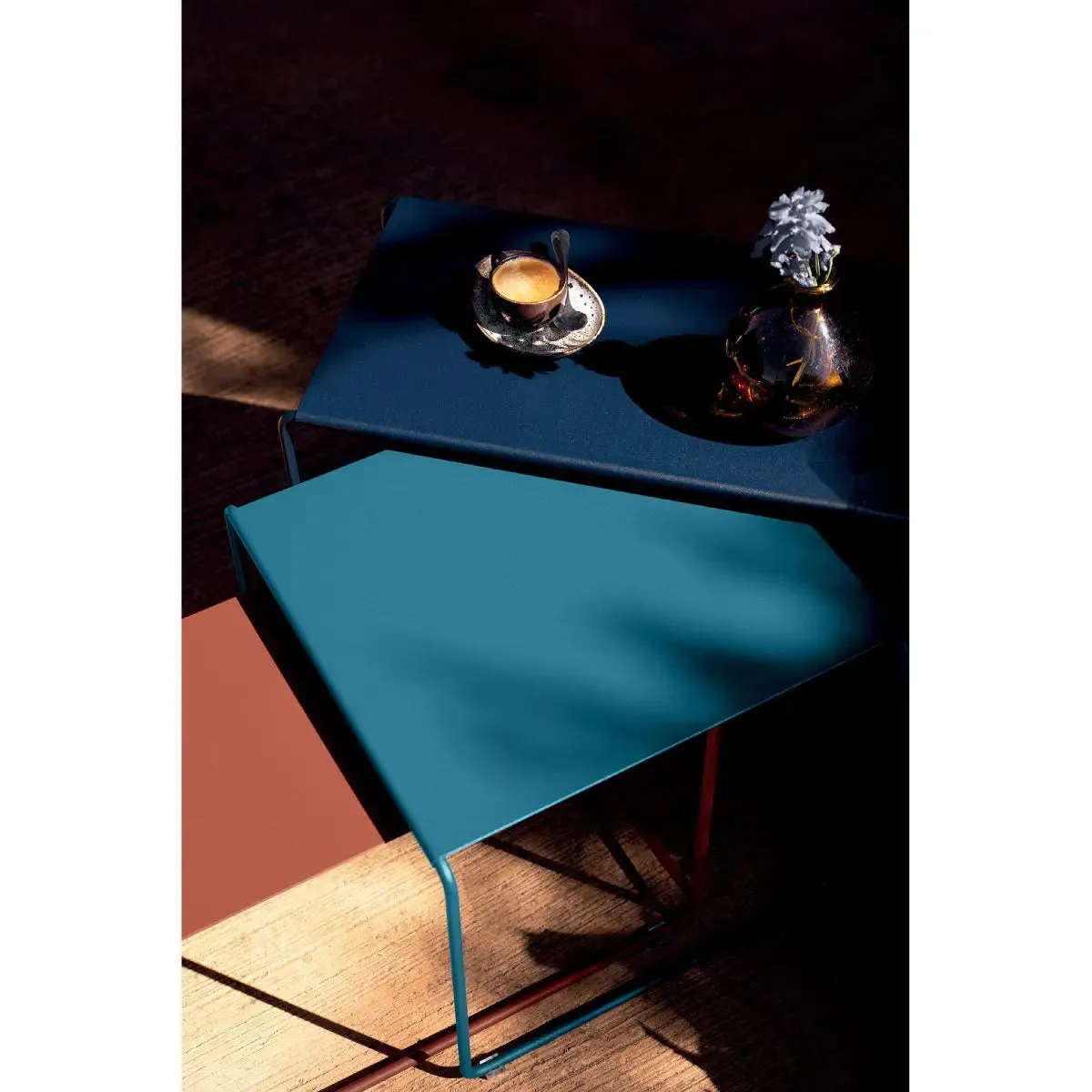 Fermob Oulala set of 3 nesting tables, deep blue/acapulco blue/red ochre