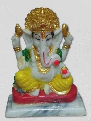 Ganesha Idol Figurine – Marble Finish, 10cm Height, Vibrant Yellow and Red, Perfect for Home Decor and Gifting