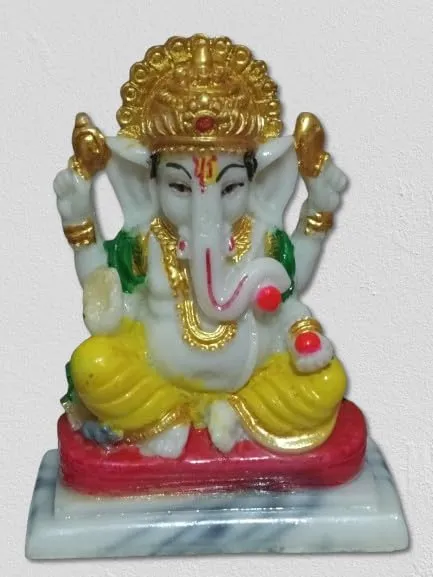 Ganesha Idol Figurine – Marble Finish, 10cm Height, Vibrant Yellow and Red, Perfect for Home Decor and Gifting