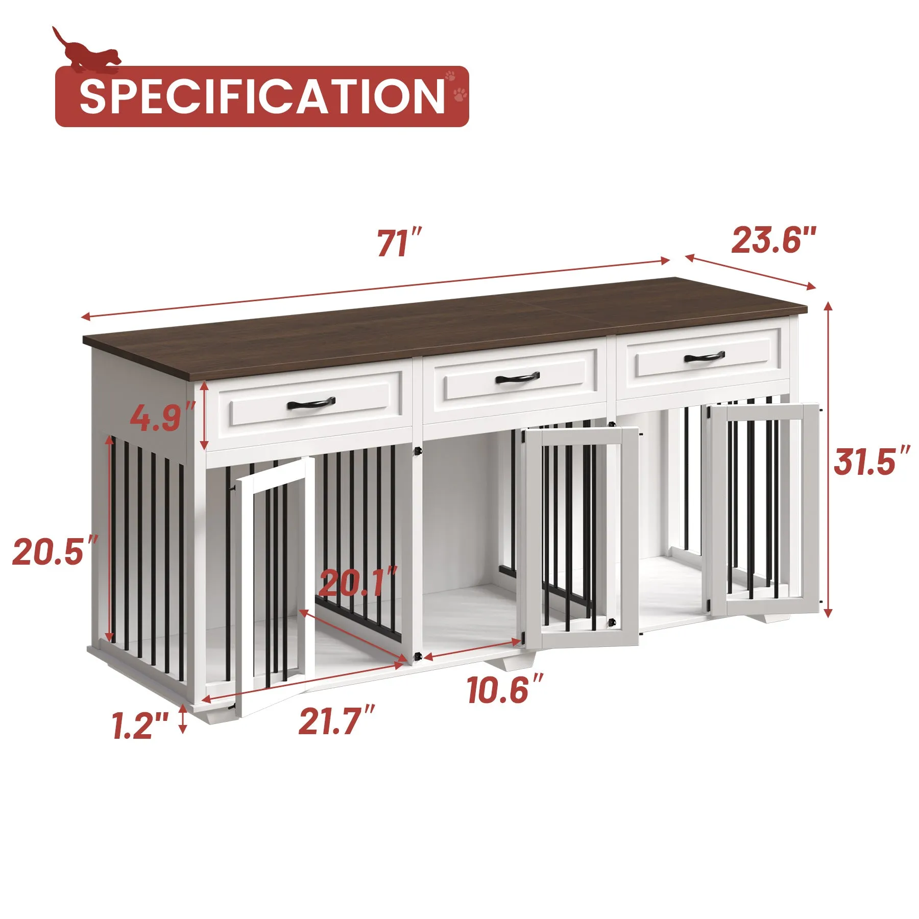 Heavy Duty Dog Crate with Room Dividers and 3 Drawers